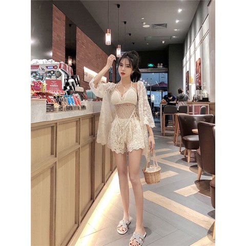 Sét Bộ Ren Đi Biển Siêu Hót 3 Món Có Bán Rời đồ bơi nữ 2 mảnh áo choàng len móc kín đáo br08