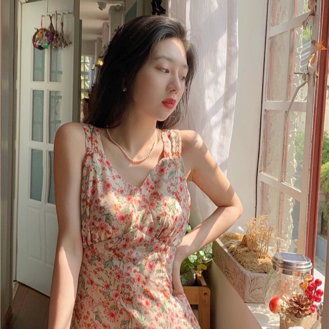 Đầm maxi hoa đuôi cá hai dây xẻ tà (CÓ SẴN) | BigBuy360 - bigbuy360.vn