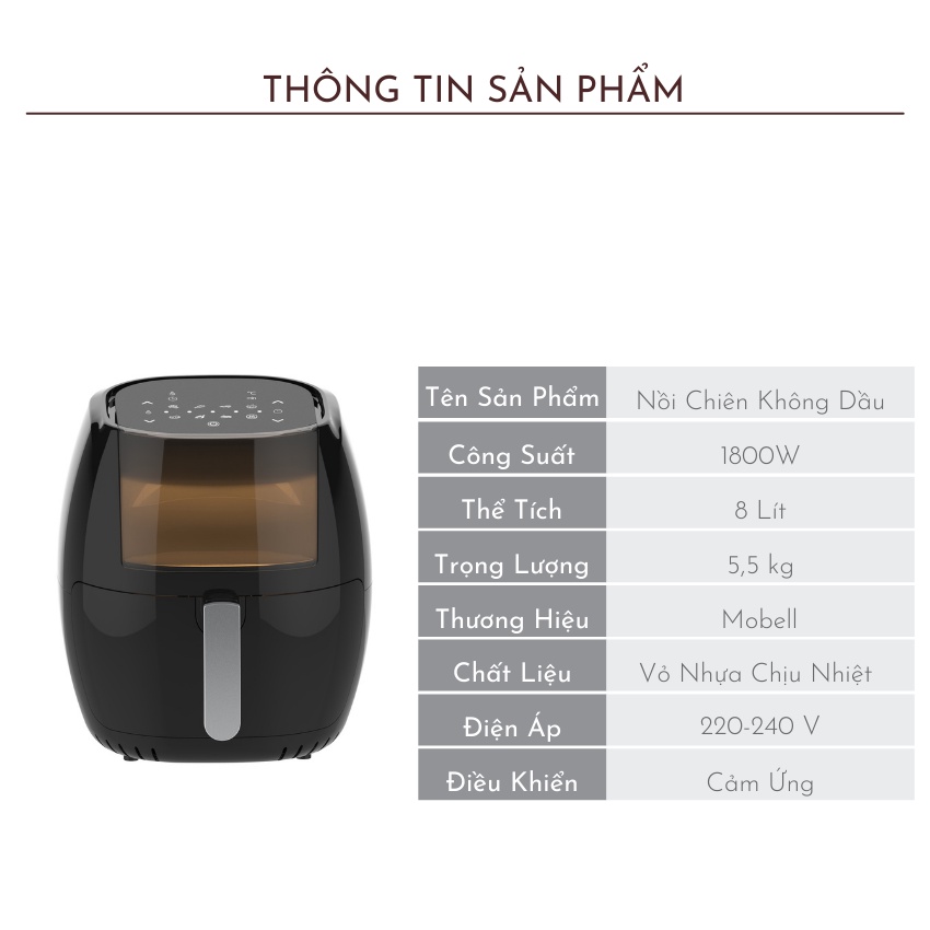 Nồi Chiên Không Dầu Điện Tử Mobell 8L Công Suất 1800W Điều Khiển Cảm Ứng, Tích Hợp Đa Chức Năng, Hàng Chính Hãng