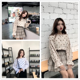 Áo kiểu tay dài hoạ tiết chấm bi thời trang phong cách Hàn Quốc cho nữ