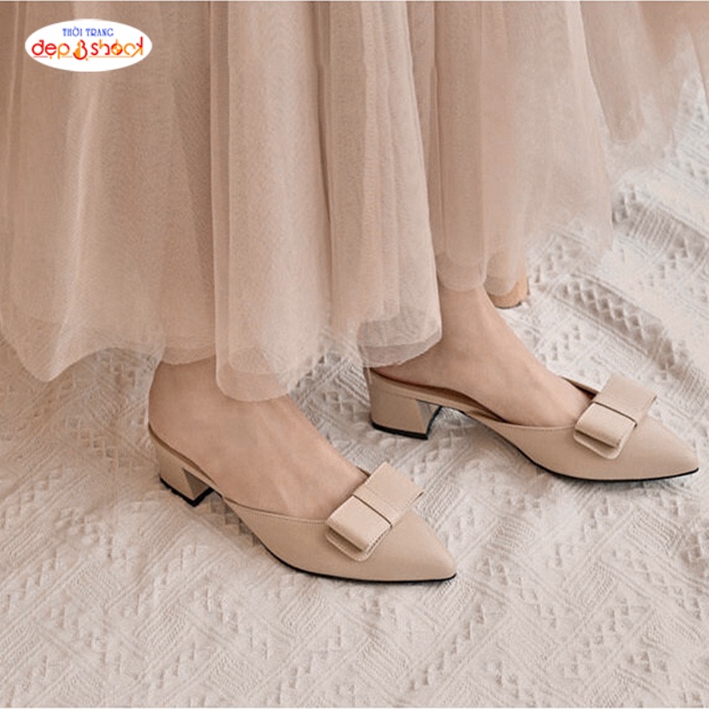 Giày sục cao gót mũi nhọn 5 phân đính nơ thời trang có big size 42 43 Depvashock X01