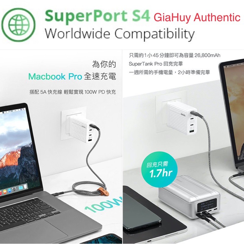 Củ sạc Macbook Pro 16, iPad Pro, iPhone 12, Note 20 Ultra 5G, S21 ZENDURE ZDS4P100PD SuperPort S4 100W GaN (3C-1A)