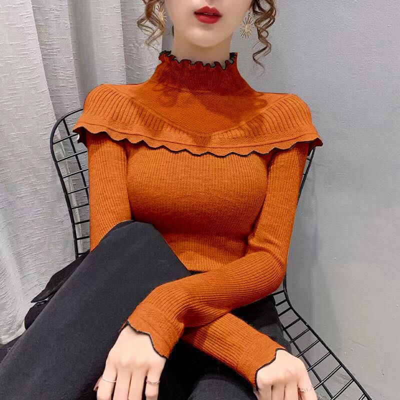 Áo Sweater Dệt Kim Cổ Lọ Viền Ren Phong Cách Phương Tây Thời Trang Thu Đông Mới 2021