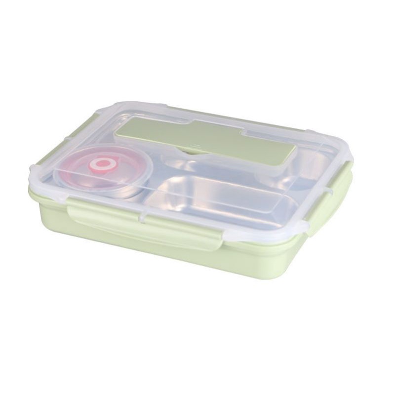 KHAY CƠM,Hộp đựng đồ ăn 5 ngăn bằng thép 304 31.5x25cm (có muỗng + đũa + bát súp),,,