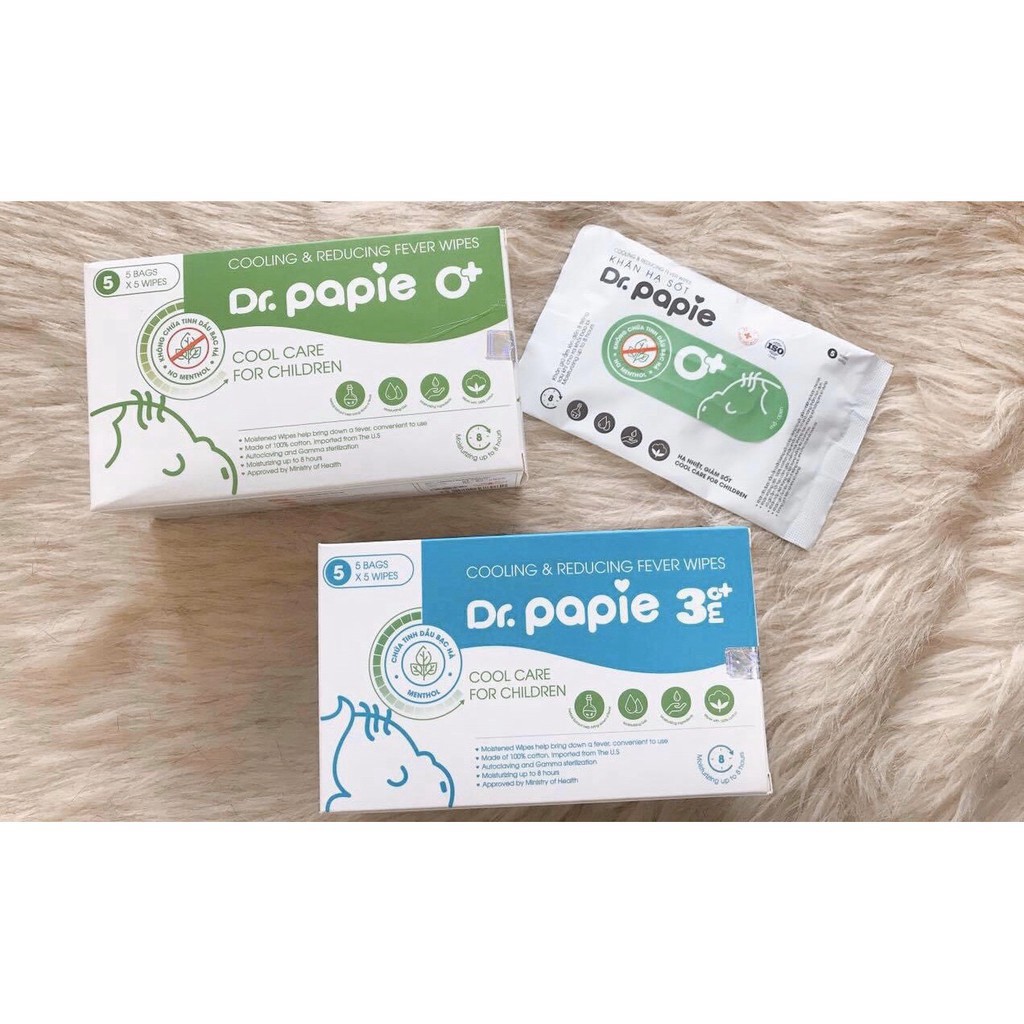 Khăn lau hạ sốt Dr Papie dành cho bé 0m+ và 3m+ hộp 25 tờ