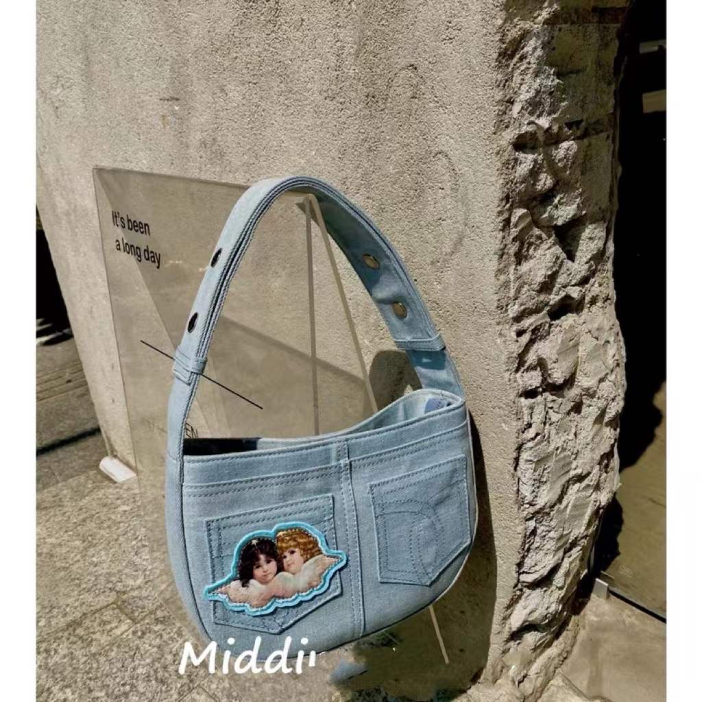 ⭐Còn Hàng ⭐ Túi tote denim Thêu Hình Thiên Thần Phong Cách Ý niche Cho Nữ