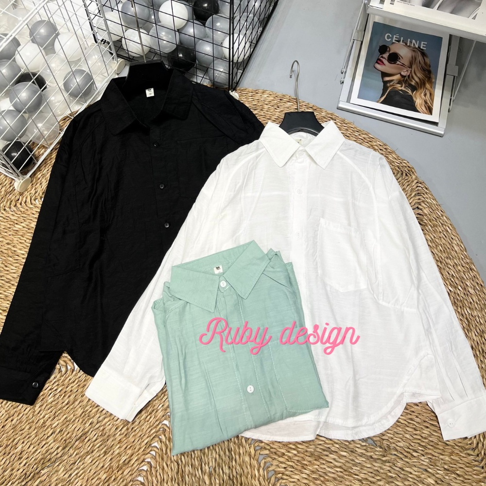 Áo sơ mi kiểu nữ áo sơ mi nữ vải đũi phom rộng túi ngực màu trắng cao cấp phong cách hàn quốc đi chơi công sở RubyShop