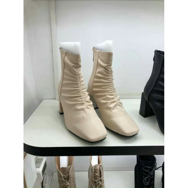 boot gót vuông khối thân dúm hàng hộp hoa đào