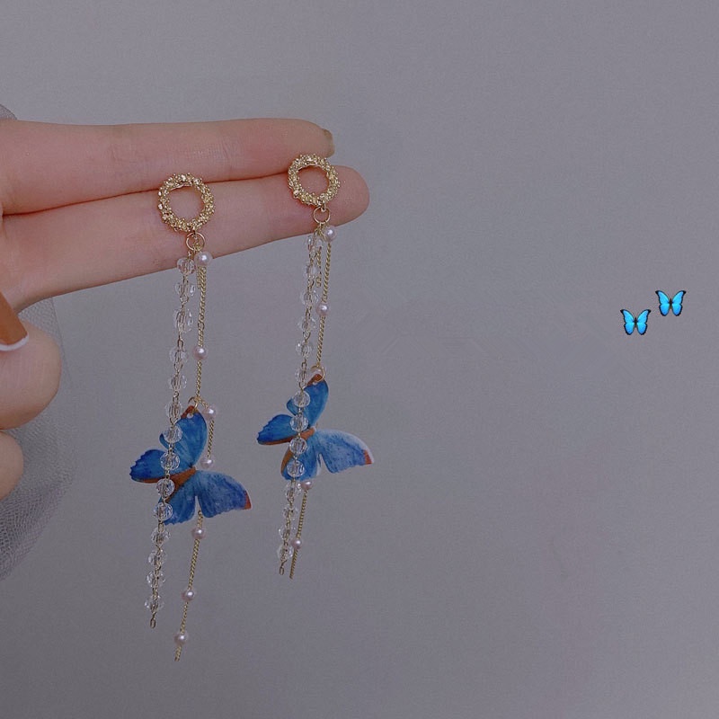 Bông Tai Dáng Dài Hình Bướm Đính Ngọc Trai Pha Lê Thời Trang Hàn Quốc Cho Nữ