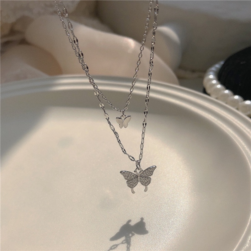 Vòng cổ Hai Lớp Mặt Hình Bướm Đính Đá zircon Thanh Lịch Nhẹ Nhàng Cho Nữ