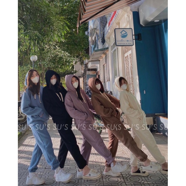 Sét bộ áo hoodie tay bồng kèm quần bom trơn ống rộng đủ màu,Chất nỉ bông dày dặn phong cách Ulzzang