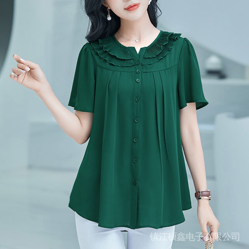 Áo Sơ Mi Tay Ngắn Dáng Rộng Cỡ Lớn Che Bụng Kiểu Phương Tây Dễ Thương Cho Nữ Trung Niên