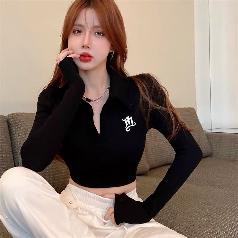 Áo croptop nữ có cổ thêu chữ kiểu tay dài cực đẹp cho cô nàng năng động ba