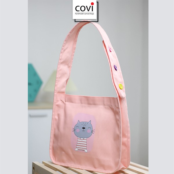 Túi Tote Đeo Chéo, Đeo Vai, Vải Canvas, Vải Bố Quai Liền Phối 3 hạt nút Thương Hiệu COVI Màu hồng, đen, xanh
