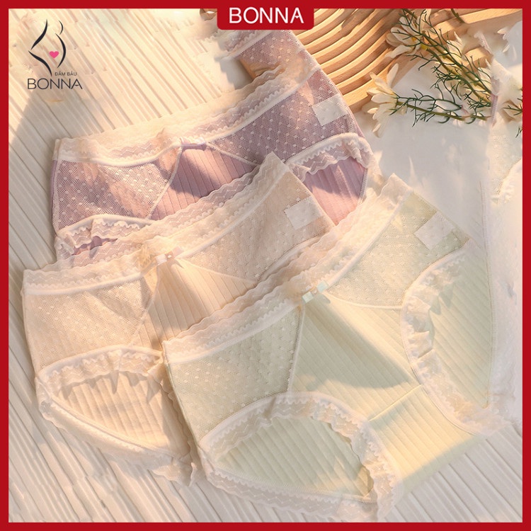 Combo 3 quần lót bầu BONNA chất cotton viền ren cao cấp co giãn 4 chiều siêu mềm mát cho mẹ bầu và sau sinh QL ren nơ