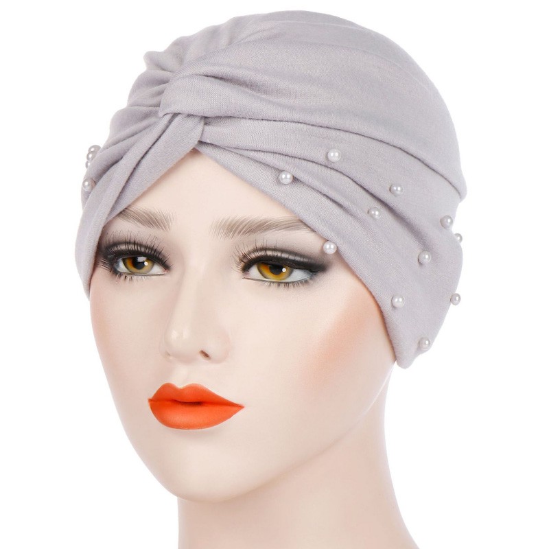 New Stock Cotton Solid Folds Pearl Muslim Turban Women Scarf Black