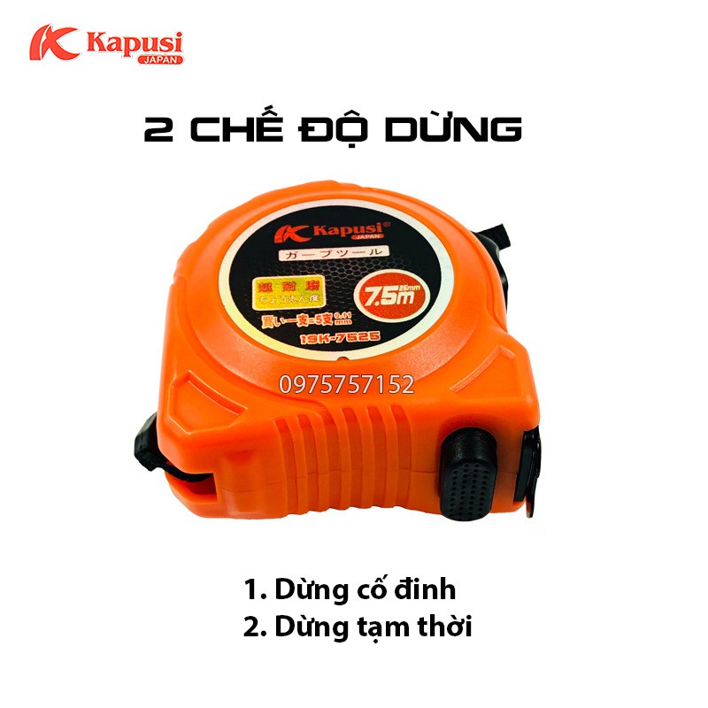 Thước rút, thước cuộn thép đa năng Kapusi Nhật Bản, vỏ nhựa ABS chống sốc, số in sắc nét, 2 chế độ dừng thao tác nhanh