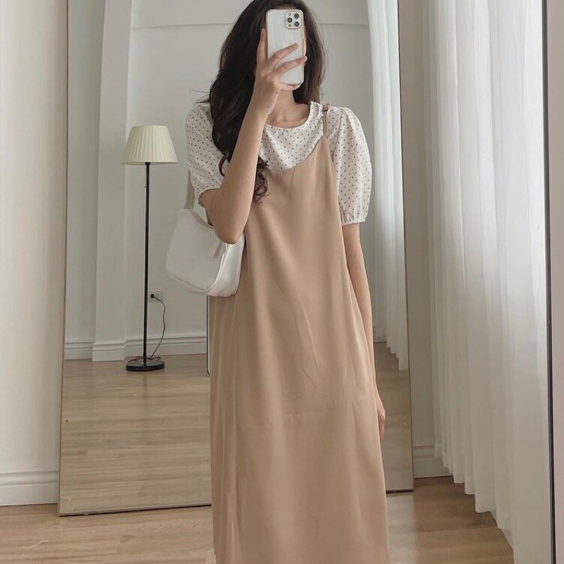 Set váy yếm kèm áo chấm bi ulzzang!!!