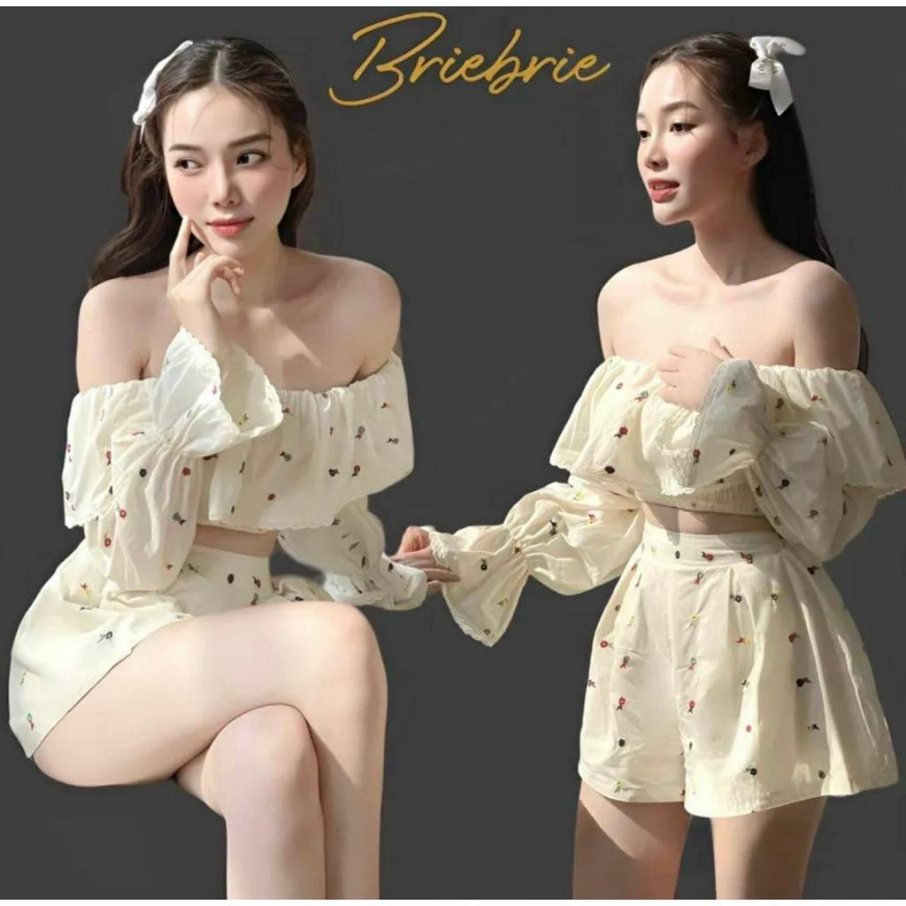Sét nữ áo cúp ngực chạy mocking phối ren tay, ren bèo kèm quần kute