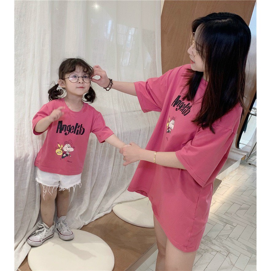 Set áo đôi mẹ bé Anglelilo áo cotton màu hồng co giãn 4 chiều Mẫu mới 2023