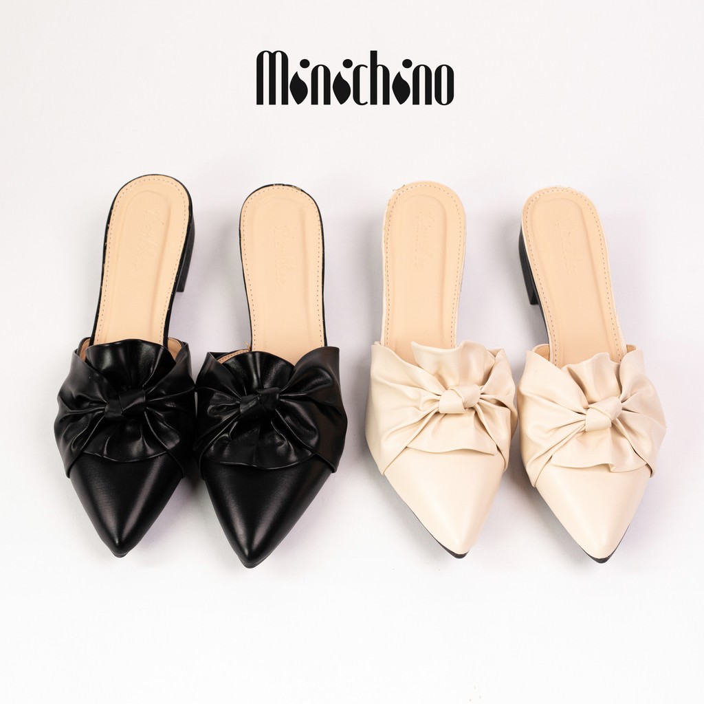 Giày sục nữ gót cao 3cm MINICHINO xoắn nơ mũi nhọn thời trang hở gót màu đen TC019 | BigBuy360 - bigbuy360.vn