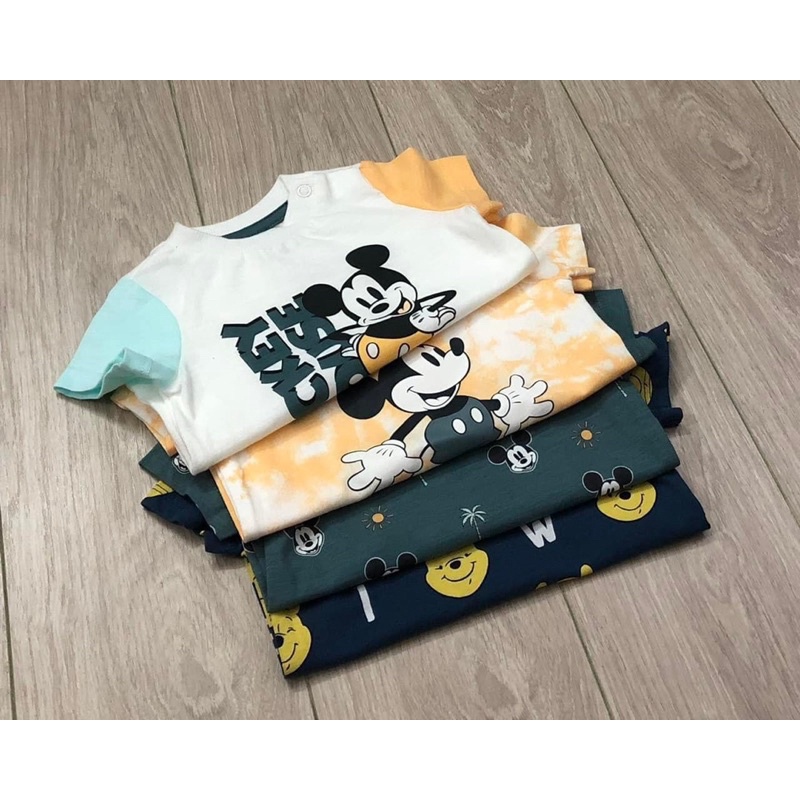 Sét 4 áo cotton cộc tay in hình micky và gấu cho bé trai và  BG