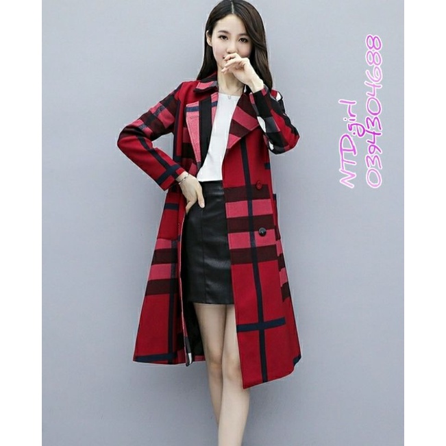 Hàng nhập - Áo khoác nữ kaki lụa form dài cổ vest, áo blazer kẻ caro thắt eo sang trọng