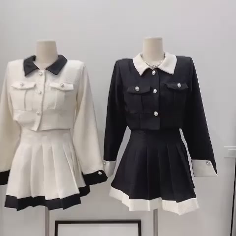 Set Dạ Pha Cổ Túi Hộp phần chân váy Xếp Ly 2 Màu Hàng 2 Lớp | BigBuy360 - bigbuy360.vn