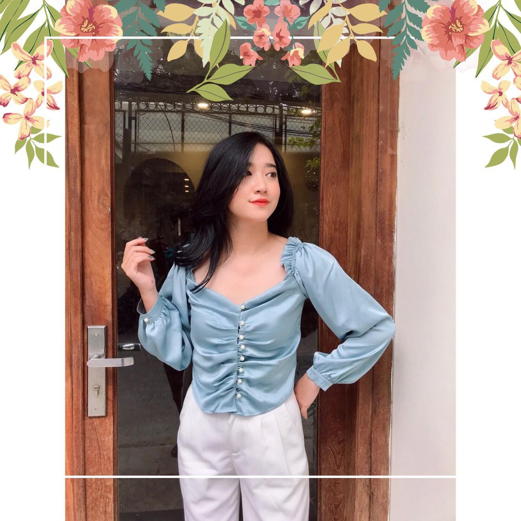 Áo nhún ngực tay lỡ tay dài màu xanh