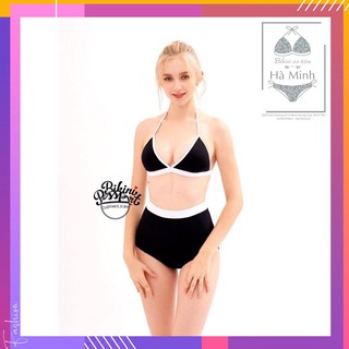 [Xưởng May Bikini Hà Minh] Bikini, Đồ Bơi Hai Mảnh Tam Giác Cạp Cao Đen Viền Trắng KG048