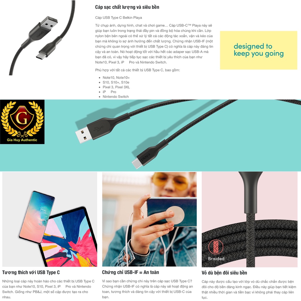 Cáp sạc nhanh Note 10, S10+, Nintendo, Pixel 3XL BELKIN Playa PMBK2002yz1M A to C QC 3.0 18W chiều dài 1m
