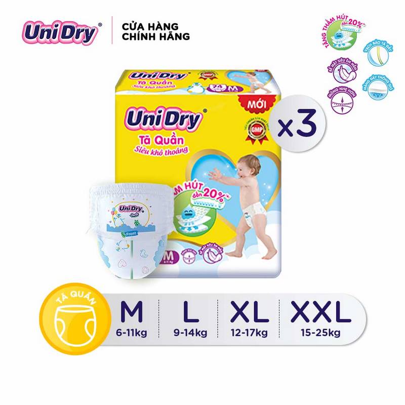 Combo 3 Tã quần UniDry Siêu khô thoáng gói Jumbo size M60/L54/XL48/XXL44