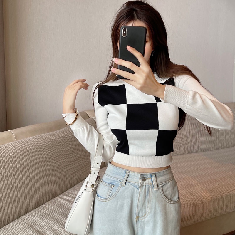QADCOL Áo len tay dài họa tiết caro thời trang cho nữ