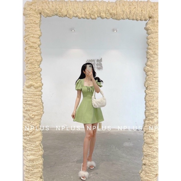 ĐẦM XỐP XANH CỔ VUÔNG CUT OUT LƯNG XẾP NGỰC