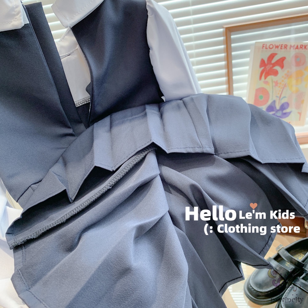 Bộ Áo Sơ Mi Đính Nơ + Chân Váy Xếp Ly Phong Cách Hàn Quốc Thời Trang Mùa Thu Cho Bé Gái