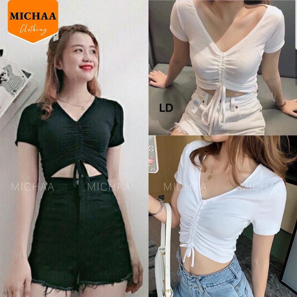 Áo Croptop RÚT DÂY Nữ Tay Ngắn Kiểu Cổ Tim Chất Thun Gân - MICHAA