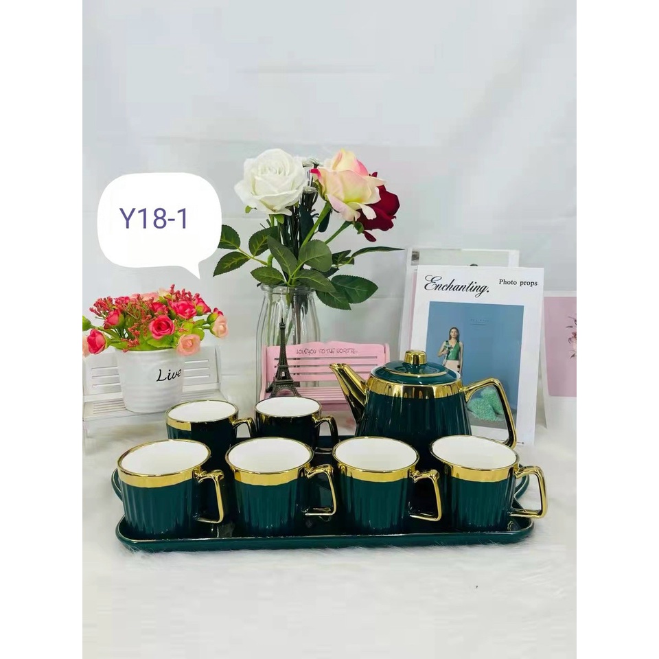 Bộ bình cốc kèm khay sứ có sọc màu trắng , màu xanh cao cấp