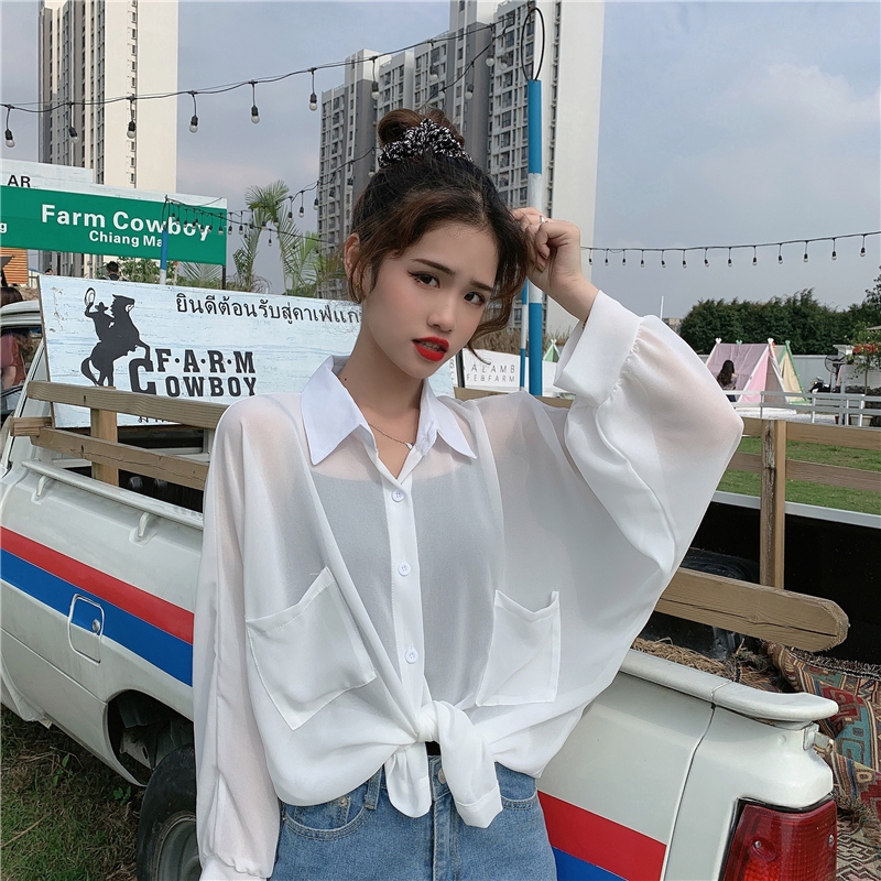 SUXI Áo Sơ Mi Trắng Vải Chiffon Tay Dài Chống Nắng Thời Trang Mùa Hè Cho Nữ