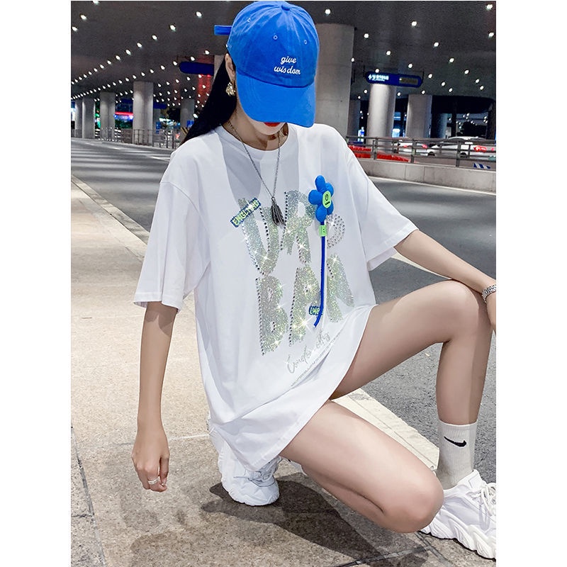 Áo Thun Nữ Ngắn Tay Cổ Tròn Đính Đá Xanh Dương