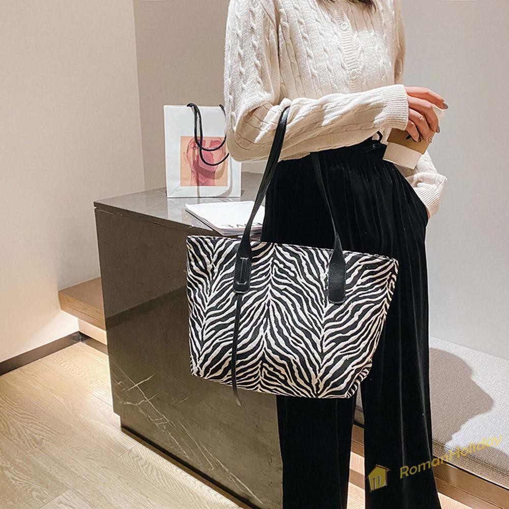 【On Sale】Retro Plaid Zebra Top-handle Bag Women Casual Canvas Shoulder Totes Clutch