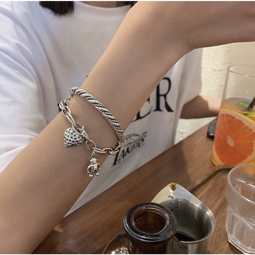 Vòng tay lắc nữ bạc 925 may mắn quả dâu dễ thương, vòng cứng phong cách cá tính độc lạ Hàn Quốc Boho
