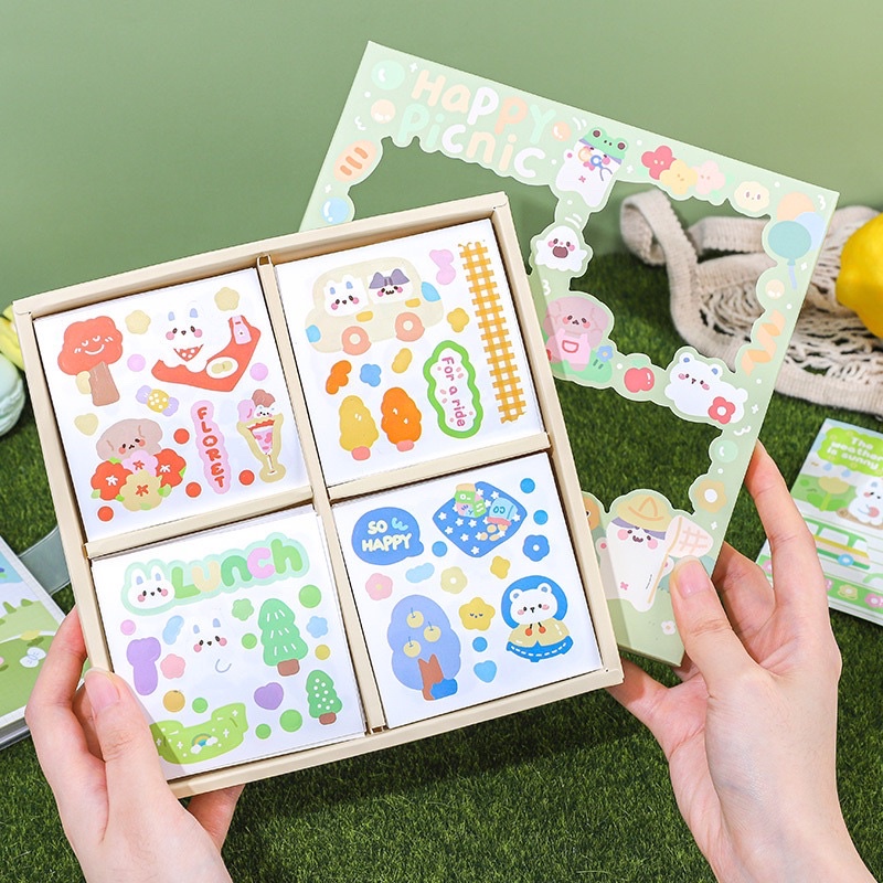 Sticker cute/Hộp 100 tấm sticker hình dán dễ thương HAPPY PICNIC trang trí sổ planner bullet journal Hàn Quốc Tẻn Tẻn