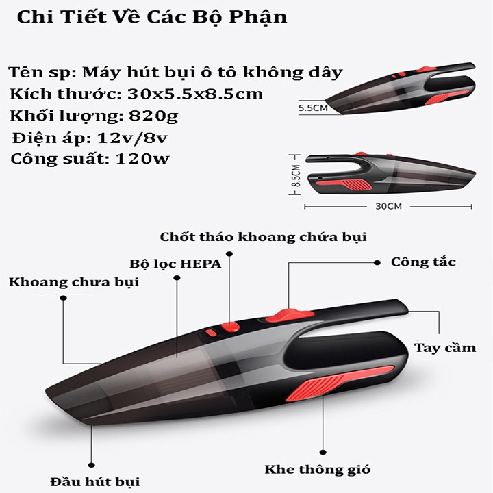 MÁY HÚT BỤI Ô TÔ - Cầm tay - Không dây 120W - Hàng cao cấp loại xịn - Bảo hành 6 tháng
