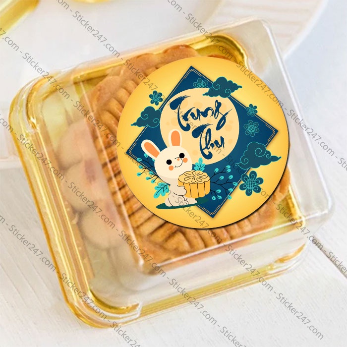 Tem Trung Thu Hình Tròn Thỏ Ngọc 🌈𝑭𝒓𝒆𝒆𝒔𝒉𝒊𝒑 Tem Nhãn Decal Bánh Trung Thu -  Sticker Chống Nước, Cắt Sẵn Sang Trọng