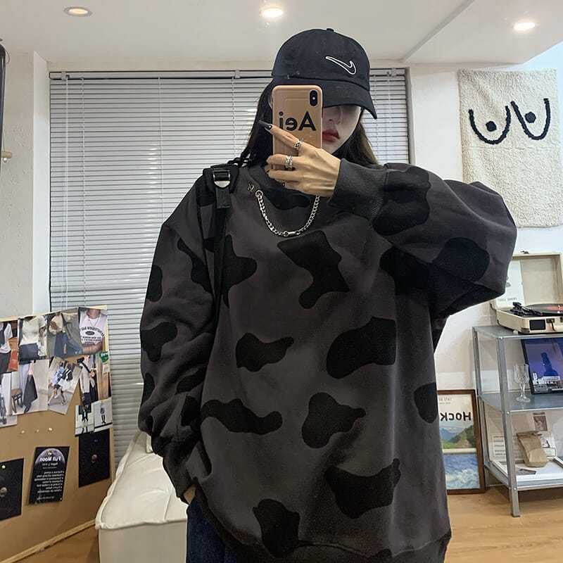 COZOK Áo Sweater Tay Dài Cổ Tròn Dáng Rộng Phong Cách Thời Trang Hàn Quốc