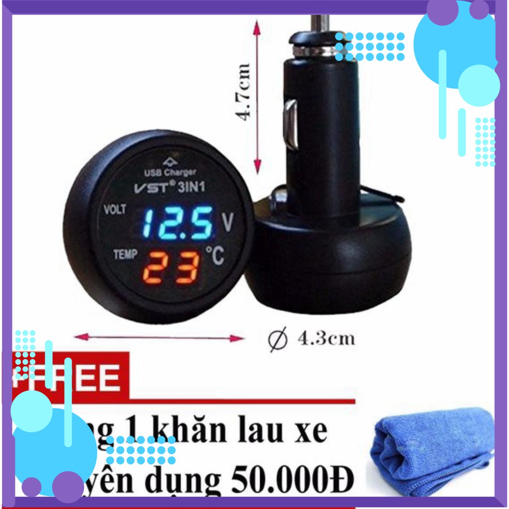 Tẩu sạc,báo điện áp và nhiệt độ trên ô tô + Tặng 01 khăn lau xe