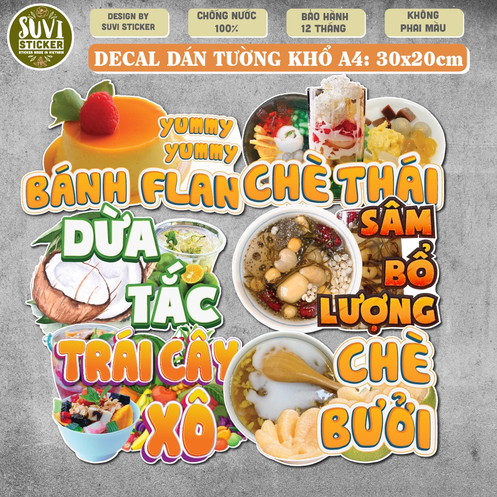 Decal khổ lớn trang trí tường, dán kính, trang trí quán cà phê khổ A4 chống nước,chè thái, bánh flan. MSP: KL25