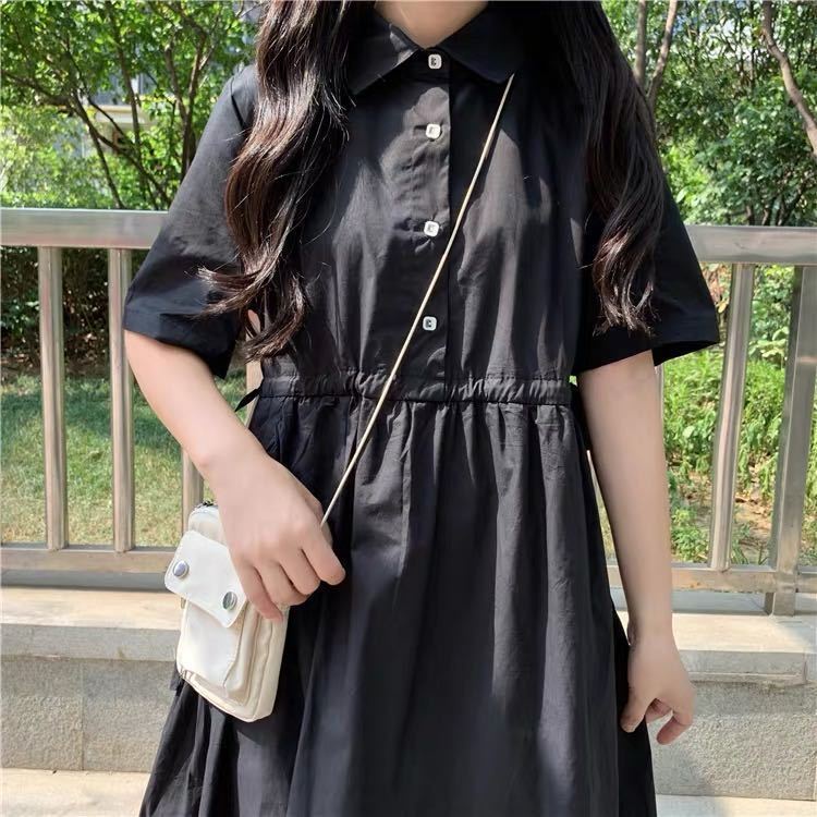 Đầm Tay Ngắn Cổ POLO Màu Đen Phối Dây Rút Thời Trang Mùa Hè Phong Cách Nhật Bản Cho Nữ
