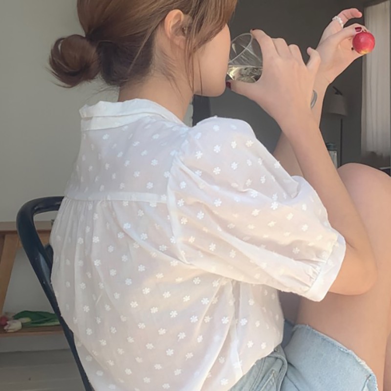 Áo kiểu Xiaozhainv tay phồng phối ren thêu họa tiết phong cách Hàn Quốc thời trang mùa hè cho nữ