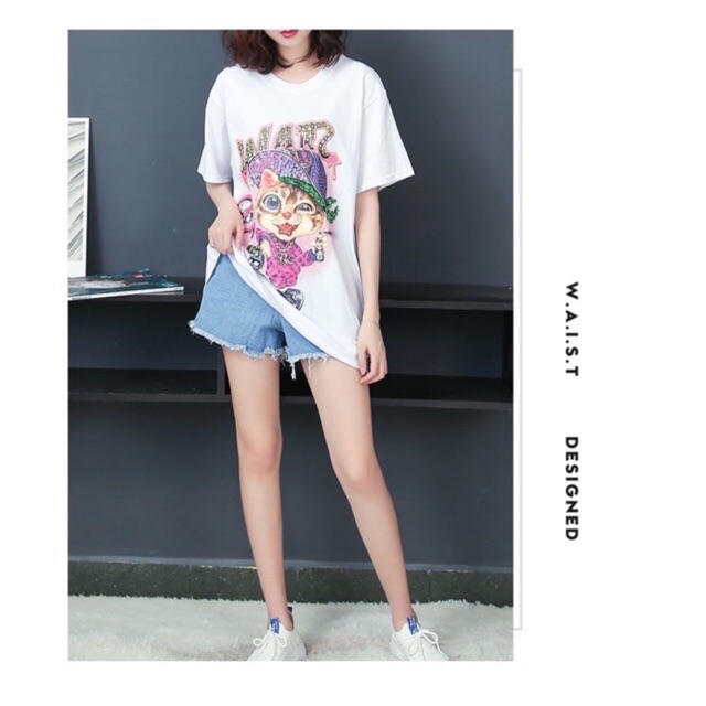 [ HÌNH THẬT, CÓ VIDEO] Áo phông nữ tay lỡ cổ tròn in hình hót hít gắn đá sang trọng | BigBuy360 - bigbuy360.vn